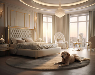 Yellow Lab Dog laying in a beautiful white bedroom