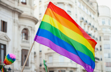 Rainbow flag at Pride parade, symbol of LGBTQ community