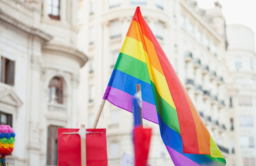 Fototapeta premium Rainbow flag at Pride parade, symbol of LGBTQ community