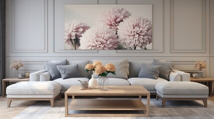  a living room with a couch, coffee table and flowers on the wall.  generative ai
