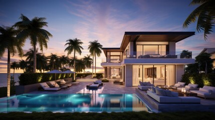 Villa in a prime oceanfront location in Miami, offering stunning views of the Atlantic Ocean and access to beaches - obrazy, fototapety, plakaty