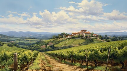 Fototapeta na wymiar a painting of a vineyard with a house on a hill. generative ai