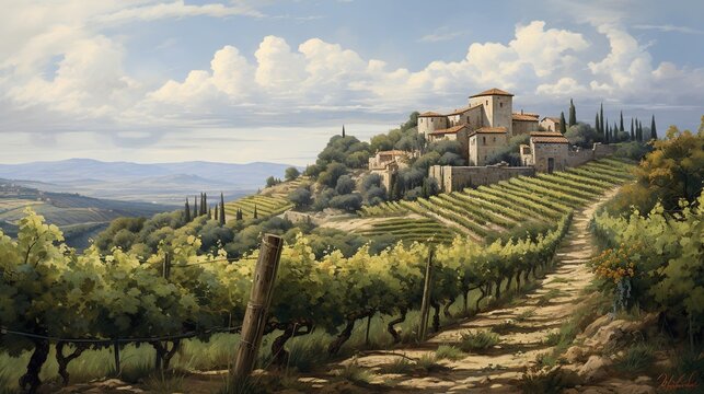  a painting of a vineyard with a house on top of it.  generative ai