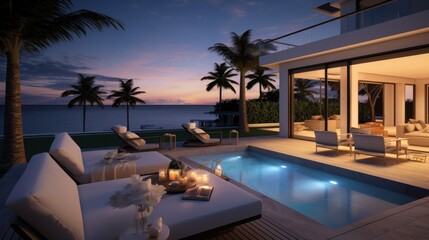 Fototapeta premium Villa in a prime oceanfront location in Miami, offering stunning views of the Atlantic Ocean and access to beaches