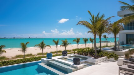 Fototapeta premium Villa in a prime oceanfront location in Miami, offering stunning views of the Atlantic Ocean and access to beaches