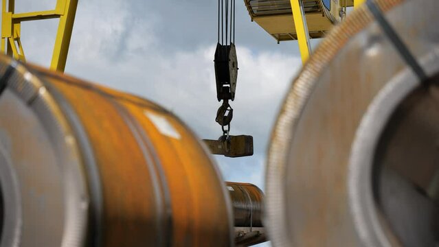 Factory overhead crane. Business logistic, site with crane