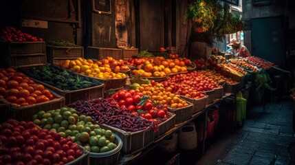 Fototapeta na wymiar Nutritious Harvest: Fresh Fruits & Organic Vegetables at the Green Market Stall, generative AI