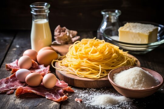 Traditional italian pasta spaghetti alla carbonara with becon, cheese and agg yolk - Generative AI