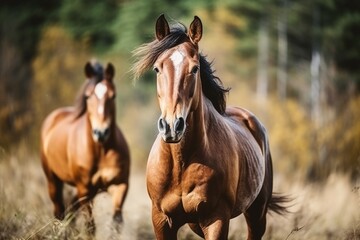 Obraz premium Wild jump bay horses in the wilderness