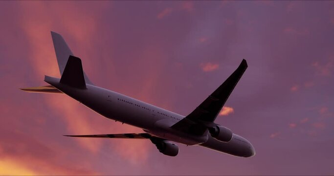 Close-up of Large airliner with passengers is flying on purple sky of bright sunset on sunny summer day. Go Everywhere.