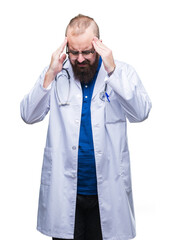 Young caucasian doctor man wearing medical white coat over isolated background with hand on head for pain in head because stress. Suffering migraine.