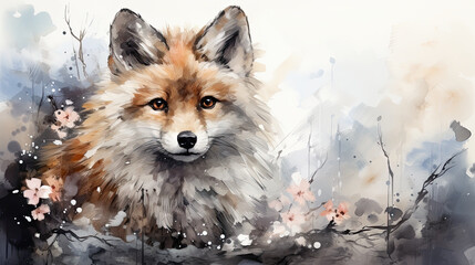 Obraz premium A painting of a fox in a field of flowers. Generative AI.