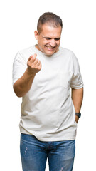 Middle age arab man wearig white t-shirt over isolated background Beckoning come here gesture with hand inviting happy and smiling