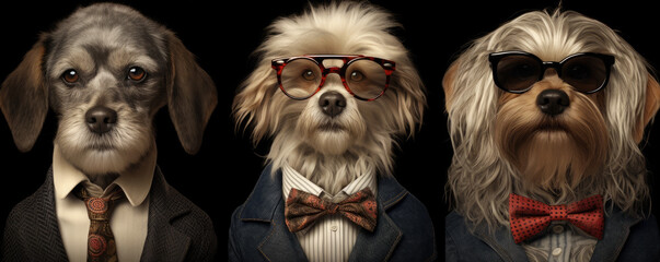 three dog heads with cool suits in row.  wide banner