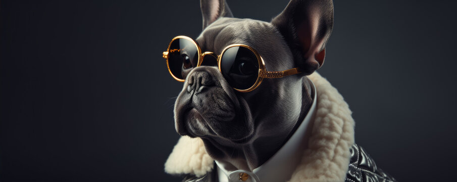 Portrait of a Dog with sunglasses in a business or cool suit. on dark background