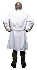 Handsome senior doctor man wearing medical coat standing backwards looking away with arms on body