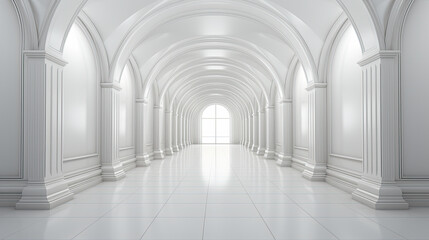 An empty hallway with arches and columns. Generative AI.
