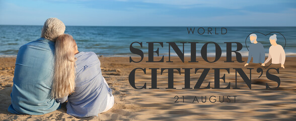 Banner for World Senior Citizen's Day with happy elderly mature couple at sea resort