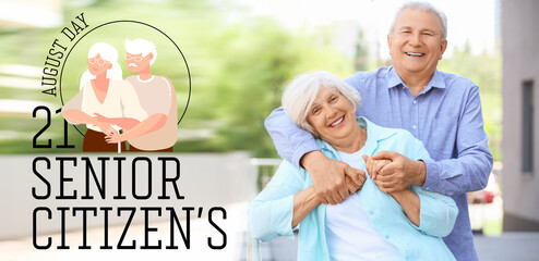 Banner for World Senior Citizen's Day with happy elderly mature couple outdoors