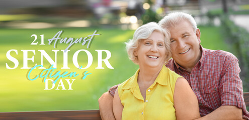 Banner for World Senior Citizen's Day with happy elderly mature couple in park