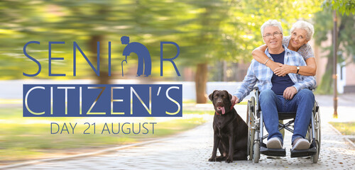Banner for World Senior Citizen's Day with happy elderly elderly couple in park