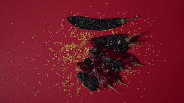 Dried Chilies set on red background with Seed, Pasilla and Guajillo mexican spice flat lay