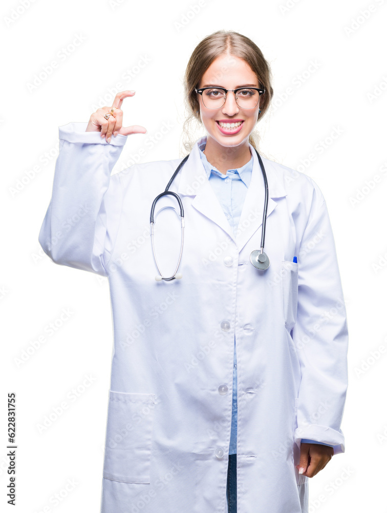 Poster beautiful young blonde doctor woman wearing medical uniform over isolated background smiling and con