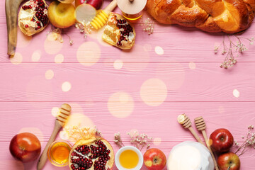 Composition for Rosh hashanah (Jewish New Year) celebration on pink wooden background