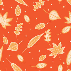 Autumn golden leaves patterns with golden dots and orange backgorund . Vector seamless pattern design for textile, fashion, paper, packaging and branding. 