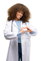 African american doctor woman, medical professional working happy showing love with hands in heart...