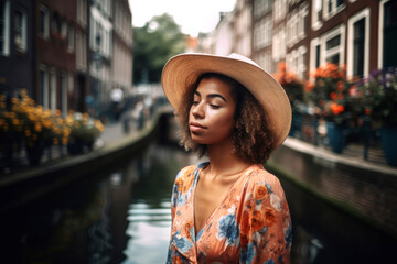 Portrait of traveler girl with cheerful in Amsterdam citylooking to the side on Amsterdam channel, Netherlands, Europe. Illustration, Generative AI