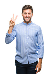 Fototapeta premium Young handsome man over isolated background showing and pointing up with fingers number two while smiling confident and happy.