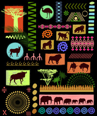 African patterns and leaves with animals  silhouettes on black background. Vector illustration