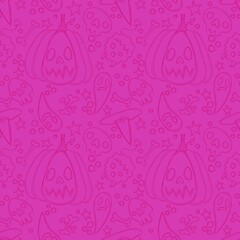Halloween cartoon seamless pumpkins and witch hat and ghost and bones and skulls pattern for wrapping paper