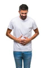 Adult hispanic man over isolated background with hand on stomach because indigestion, painful...