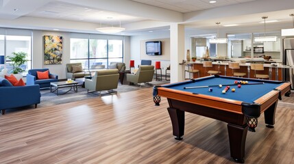 Game room with a pool table, a foosball table, and other entertaining options for residents to enjoy friendly competition and leisure activities