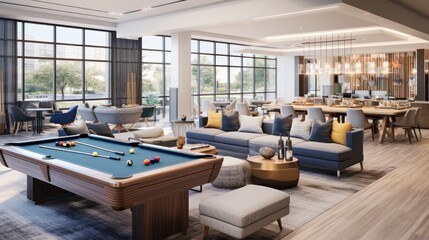 Game room with a pool table, a foosball table, and other entertaining options for residents to enjoy friendly competition and leisure activities