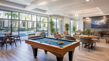 Game room with a pool table, a foosball table, and other entertaining options for residents to enjoy friendly competition and leisure activities