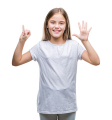 Fototapeta na wymiar Young beautiful girl over isolated background showing and pointing up with fingers number six while smiling confident and happy.