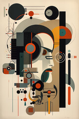 Abstract Bauhaus style background with male face, trendy 20s geometric design poster design, generative AI digital art.