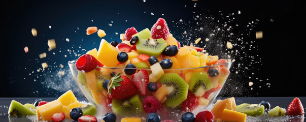 Fototapeta na wymiar Fresh fruits, rapsberries, oranges, kiwis, apples, and grapes - in a splash of water. wide banner