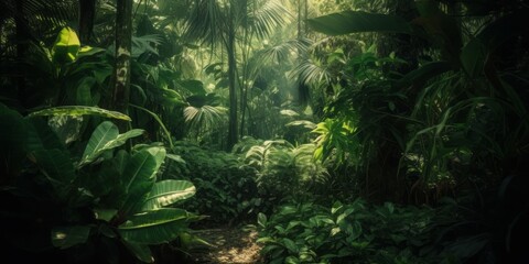 jungle in the jungle, Photographic Capture of a Tropical Green Forest, Abounding with Green Leaves, Showcasing Texture-Rich Compositions and Naturalistic Shadows, with Sunlight Peeking Through © Ben