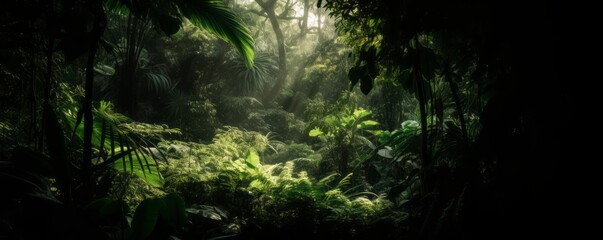 Obraz premium jungle in the jungle, Photographic Capture of a Tropical Green Forest, Abounding with Green Leaves, Showcasing Texture-Rich Compositions and Naturalistic Shadows, with Sunlight Peeking Through