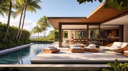 Fototapeta premium Embrace the tropical climate of Miami by incorporating architectural elements like open - air spaces, large windows, and a seamless indoor outdoor flow