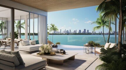 Obraz premium Embrace the tropical climate of Miami by incorporating architectural elements like open - air spaces, large windows, and a seamless indoor outdoor flow