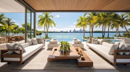 Naklejka premium Embrace the tropical climate of Miami by incorporating architectural elements like open - air spaces, large windows, and a seamless indoor outdoor flow