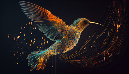 Fototapeta premium Harmonious data flow concept with Digital humming bird flying, Created with AI tool