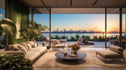Fototapeta premium Embrace the tropical climate of Miami by incorporating architectural elements like open - air spaces, large windows, and a seamless indoor outdoor flow