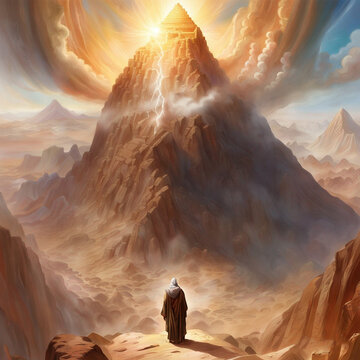 Fantasy portrait of the Prophet Moses and Mount Sinai