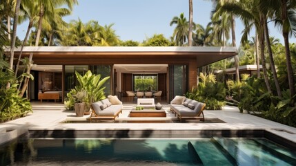 Fototapeta premium Embrace the tropical climate of Miami by incorporating architectural elements like open - air spaces, large windows, and a seamless indoor outdoor flow
